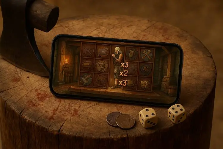 Smartphone with Nolimit City’s Dead Men Walking slot game on a wooden chopping block with dice, coins, and faint blood stains.