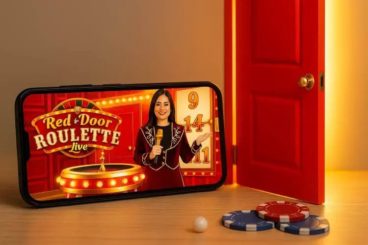 Smartphone showing Evolution Gaming's Red Door Roulette Live, with casino chips and a roulette ball nearby, next to a slightly ajar glowing red door
