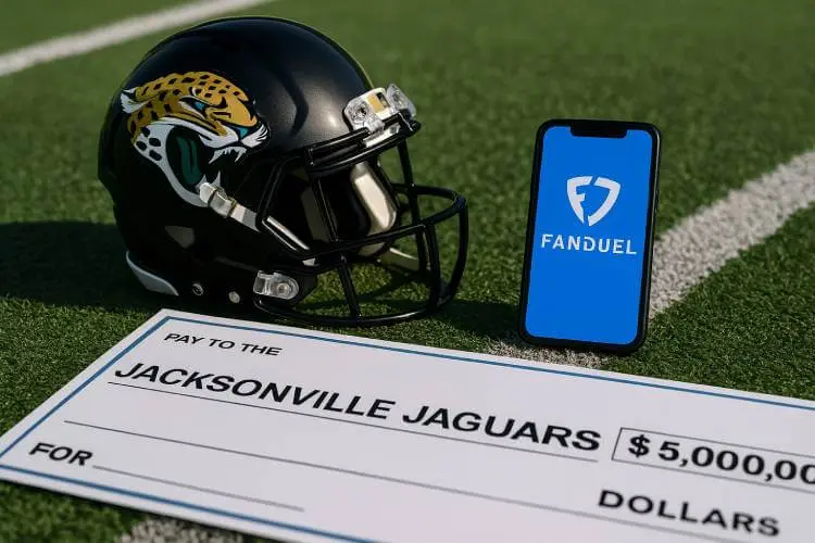 Jacksonville Jaguars football helmet on field with smartphone showing FanDuel app and a check for $5,000,000,