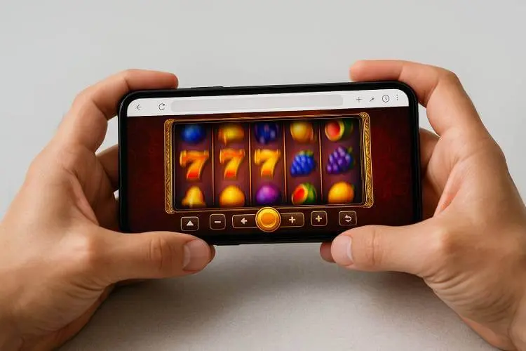 image of a smartphone showing spinning slot reels, instant play casino game on mobile.