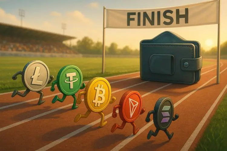 A photo-realistic illustration of Litecoin, Tether, Bitcoin, Tron, and Solana coins racing on a track toward a digital wallet at the finish line, symbolizing instant withdrawal crypto casinos.