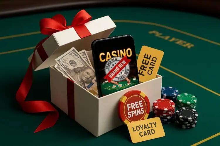 A casino table with casino chips, crisp dollar bills, a loyalty card, and free spins icons, with a smartphone inside representing new casino bonuses in 2025.