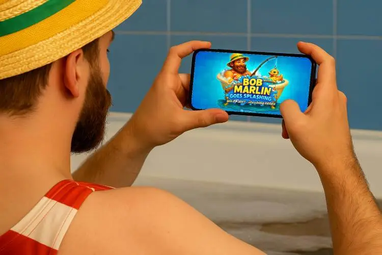 Man in a bathtub wearing a yellow hat with green band and striped costume, playing Yggdrasil's Bob Marlin Goes Splashing.