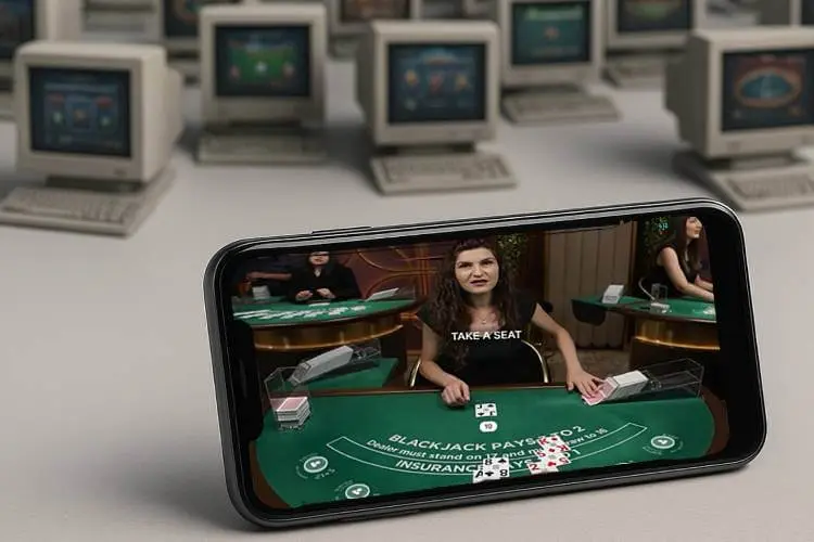A new online casino on a smartphone displays a live casino game, with old casinos on old computers in the background.