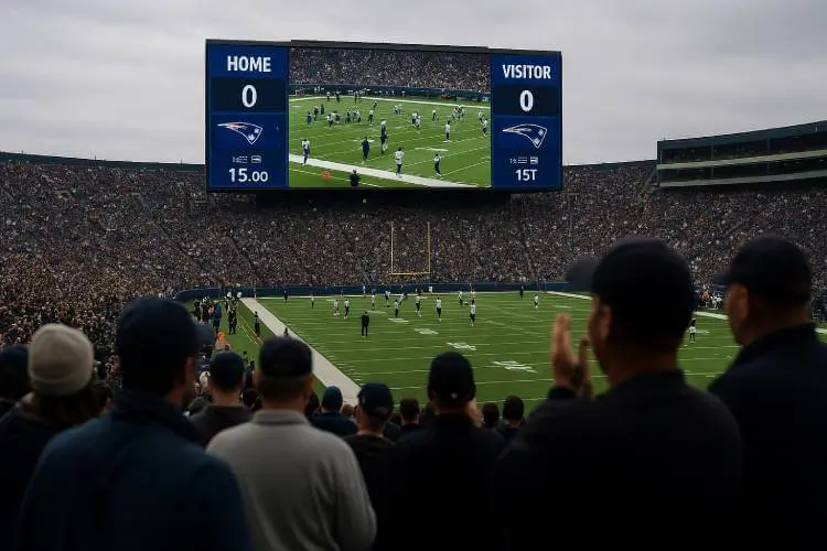 A packed NFL stadium with fans in the foreground watching a large scoreboard display pregame warmups on the field.
