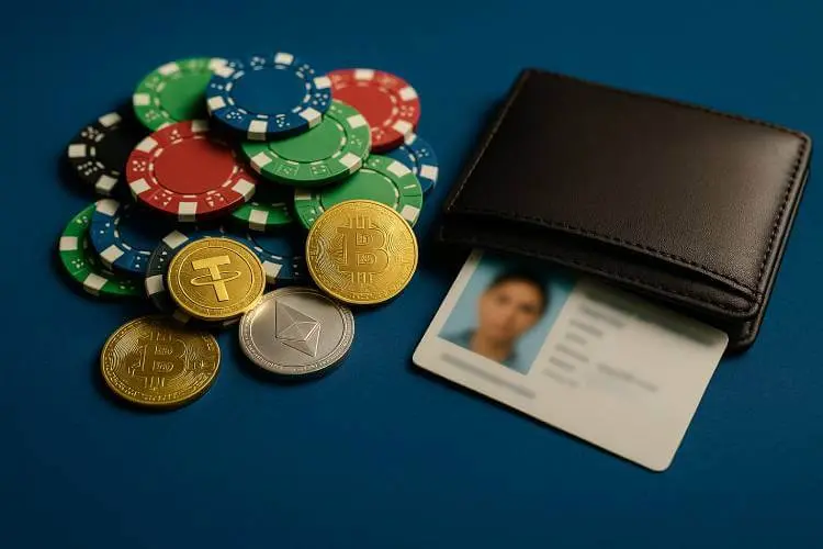 Casino chips and cryptocurrency coins scattered on a blue table beside a closed wallet hiding an ID card, symbolizing a no KYC casino no deposit bonus.