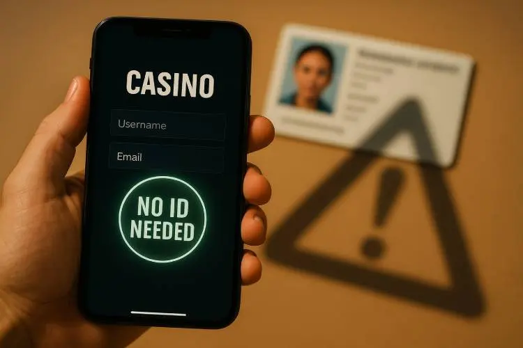 An image of a smartphone showing a casino login screen with a glowing “No ID Needed” badge, while a blurred ID card and warning triangle appear in the background, symbolizing the possible risks of no KYC casinos.