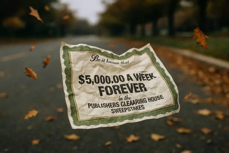 Crumpled Publishers Clearing House $5,000 a week forever prize certificate caught mid-air in a gust of wind with autumn leaves swirling on a suburban street