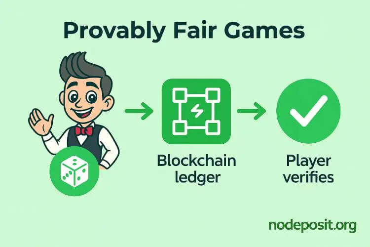 Flat-style infographic titled "Provably Fair Games." Shows NoDeposit.org’s casino character next to a simple flow: 🎲 dice icon → blockchain ledger → ✅ verification checkmark. Visualizes how players can confirm fairness of game outcomes using blockchain technology.