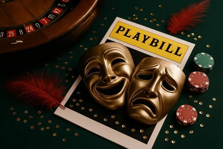 Comedy and tragedy theatre masks overlapping on a Playbill with casino chips, a roulette wheel, and a red feather, blending Broadway and Las Vegas themes.
