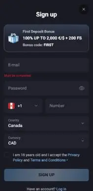 Slot Lounge Casino signup screenshot