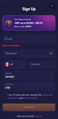 Spirit Casino signup screenshot
