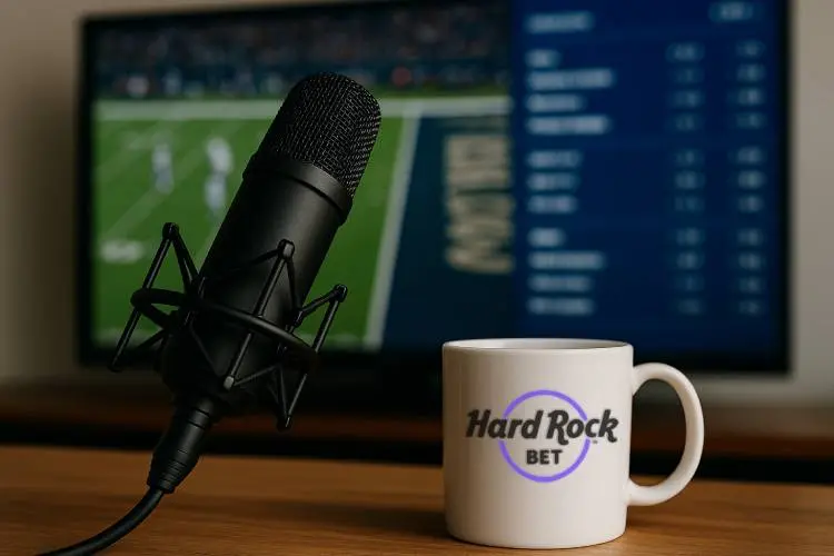 A podcast microphone and a white coffee mug with the Hard Rock Bet logo on a desk in front of a blurred sports broadcast, representing The Volume’s exclusive sportsbook partnership with Hard Rock Bet.