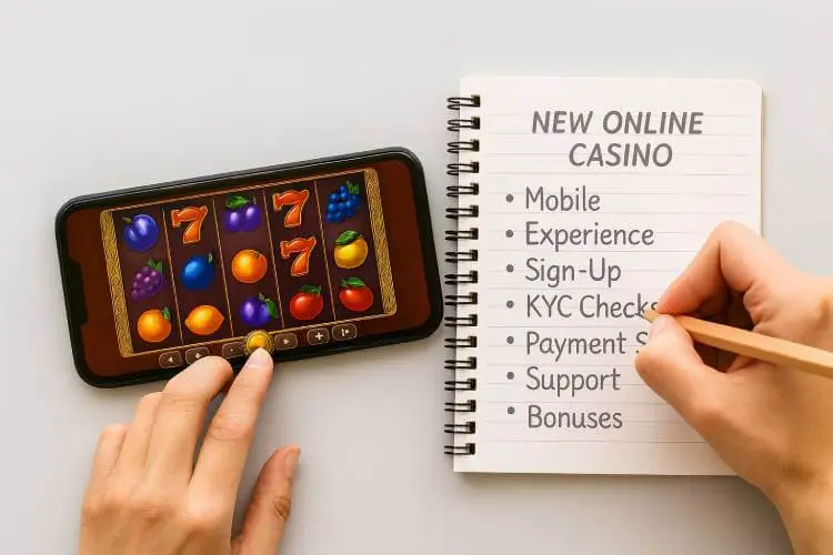 Trying new online casinos on a smartphone while writing notes in a notebook titled “New Online Casino,” highlighting key points like mobile experience, sign-up, KYC, payment speed, support, and bonuses.