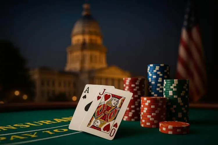 Blackjack table with cards and casino chips in focus, and the Illinois State Capitol dome softly blurred in the background, symbolizing the link between governance and gambling.