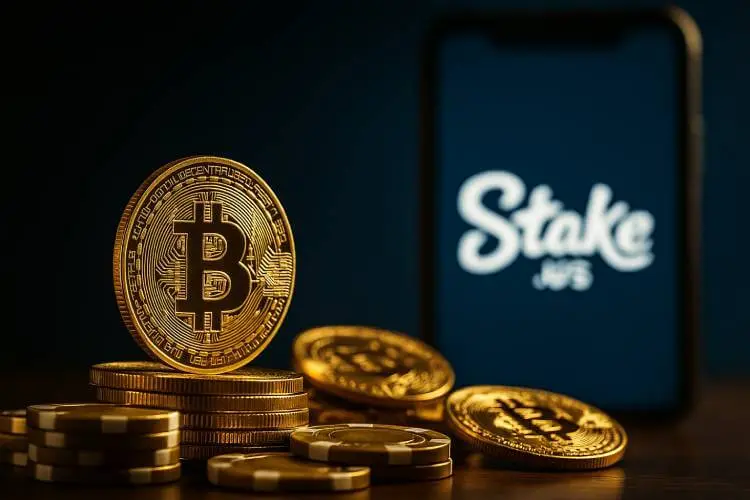 A photo showing Bitcoin coins and casino chips beside a blurred smartphone displaying the Stake.us logo, representing Drake being sued over Stake case and the cost of influencer promotion in online gambling.
