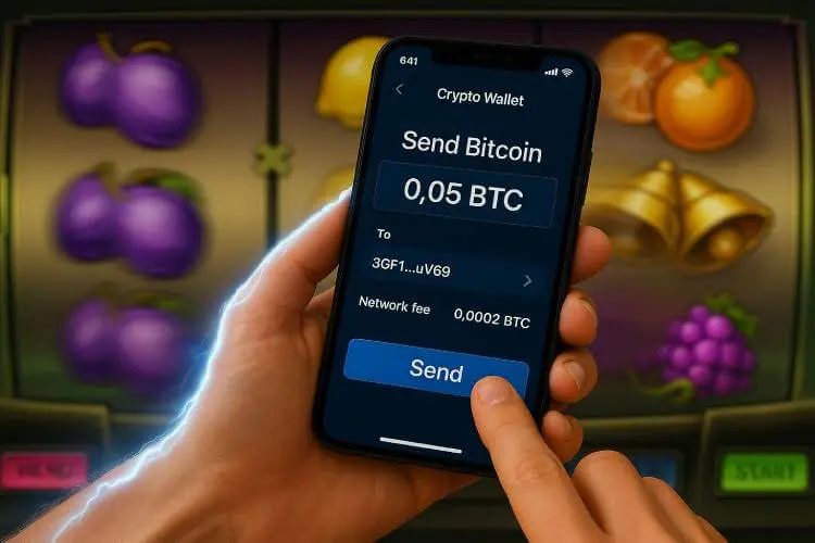 A photorealistic image showing a smartphone with a crypto wallet app transferring BTC, illustrating how do crypto casinos work with digital payments.
