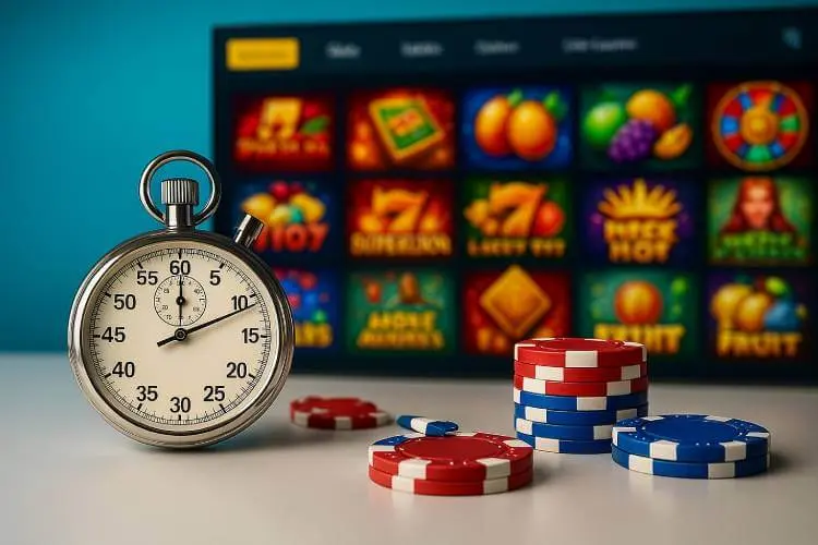 A stopwatch and stacked casino chips in front of a colorful online casino lobby, symbolizing instant play casino no deposit bonus speed and convenience.