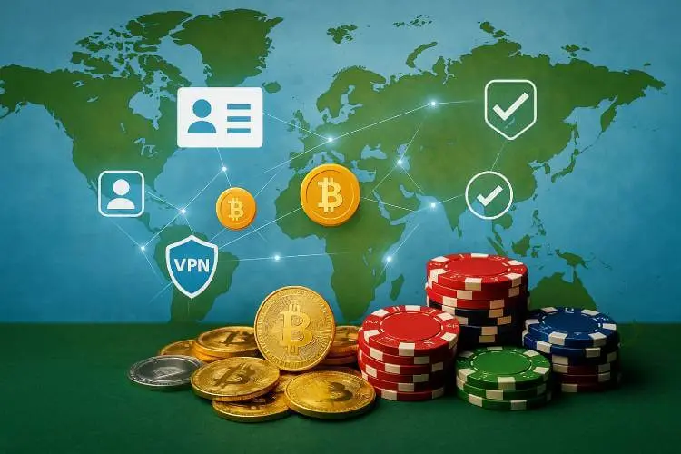 An image showing a world map with VPN shield icons and network lines symbolizing secure global connections. In the foreground, colorful casino chips and cryptocurrency coins represent the link between KYC casino trends, anonymous gambling, and crypto payments.