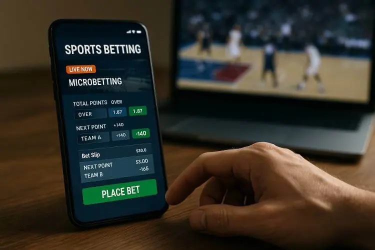 A close-up of a smartphone displaying microbetting options on a sports betting app, with a hand hesitating over the “Place Bet” button and a blurred basketball game on a TV in the background