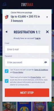 Tikitaka Casino registration screenshot