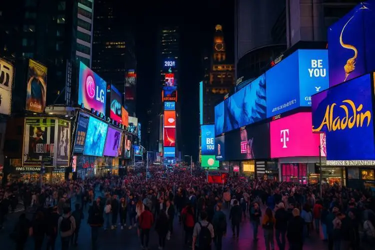 Times Square at night in New York City, illuminated by colorful billboards, neon lights, and bustling crowds of people and cars.