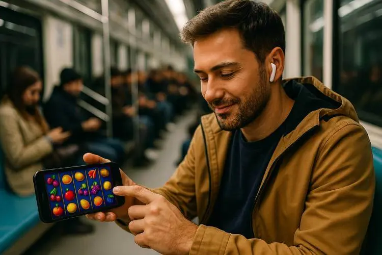 An image showing a person trying a new online casino on their smartphone while traveling on a train.
