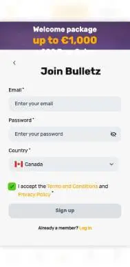 Bulletz Casino screenshot signup