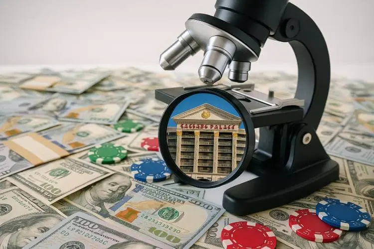 Image of a microscope inspecting Caesars Palace with cash and casino chips spread across a white desk, symbolizing an AML investigation.