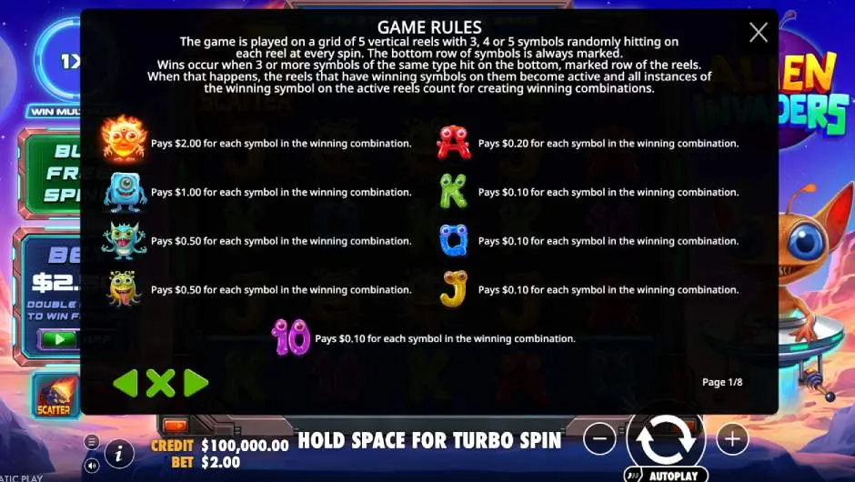 Alien Invaders Slot game rules screenshot